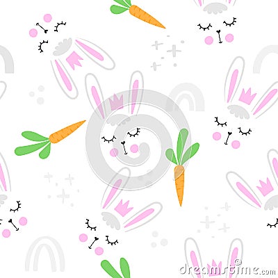 Bunny baby rabbit pattern design with bunny heads and carrots Vector Illustration