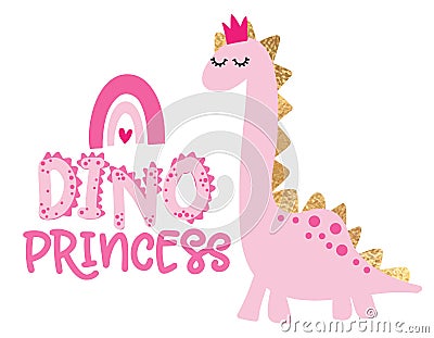 Dino Princess - funny hand drawn doodle, cartoon dino Vector Illustration