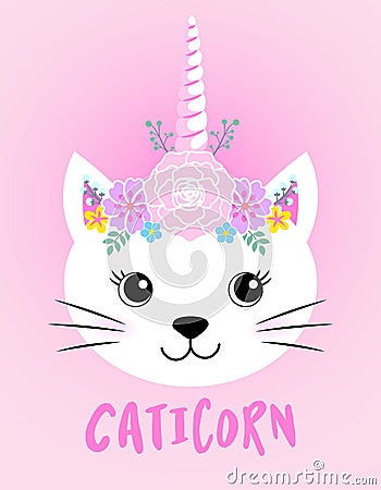 Caticorn - with floral headband wreath - Cute Kitty drawing. Vector Illustration