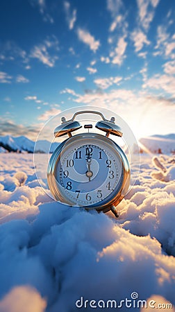 Alarm clock amidst vast snow field, resonating with the snowy background's calmness. Stock Photo