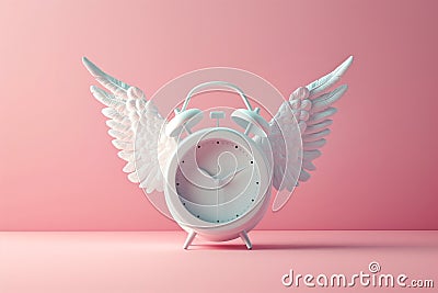 Alarm clock with angel wings flying on pastel background. Time flies concept, time management, free time. Time of flight. Day Stock Photo