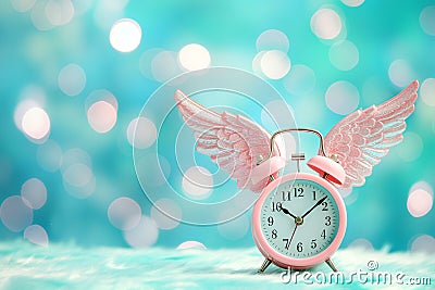 Alarm clock with angel wings flying on pastel background. Time flies concept, time management, free time. Time of flight. Day Stock Photo