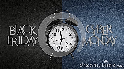 Alarm clock with black Friday and cyber Monday text isolated on background, sign for ticket gift card, promotional or advertising Stock Photo