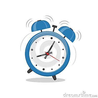 Alarm clock blue wake-up time isolated on white background in flat style. Vector Illustration