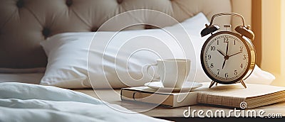 Alarm Clock on Book Beside Coffee Cup - Time Management and Morning Routine Concept Stock Photo