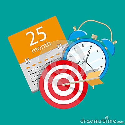 Alarm clock, calendar, target. Time management Vector Illustration