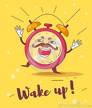 Alarm clock with cartoon face Vector. Cartoon. Isolated art on white background. Flat Card Poster Vector Illustration