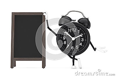 Alarm Clock Character Mascot with Blank Wooden Menu Blackboards Outdoor Display. 3d Rendering Stock Photo