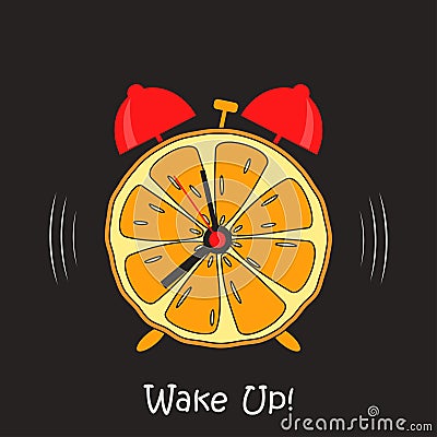 Alarm clock design with orange slice fruit. Creative Wake up poster. Vector. Vector Illustration