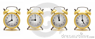 Alarm clock, four yellow vintage isolated cutout on white background. Front view, copy space. Banner Stock Photo