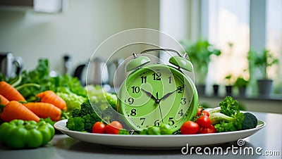 Alarm clock, fresh assorted vegetables on kitchen background health, control, organic Stock Photo