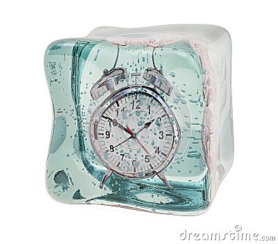 Alarm clock frozen in ice cube. Freeze time concept, 3D rendering Stock Photo