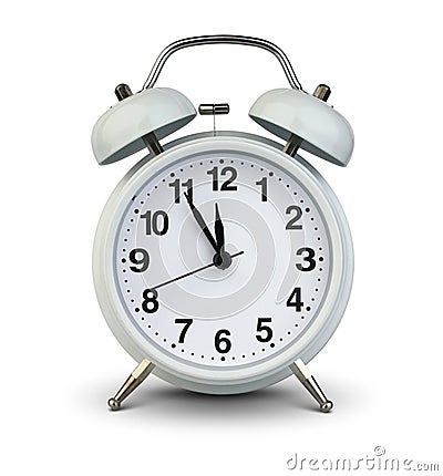 Alarm clock isolated on white, clipping path. Five minutes to twelve Stock Photo