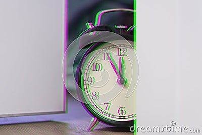 Alarm clock lay out around corners bedroom at late time. Live with schedule, time to sleep. Digital signal glitch effect rgb shif Stock Photo