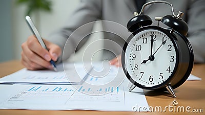 An alarm clock is neatly positioned on a table that is also home to a laptop and a pen, creating a functional workspace atmosphere Stock Photo