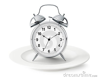 Alarm clock on plate isolated Stock Photo