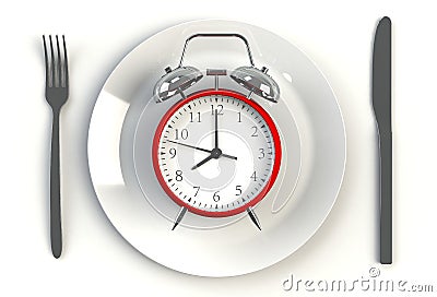 Alarm clock on plate, knife and fork on white table. Stock Photo