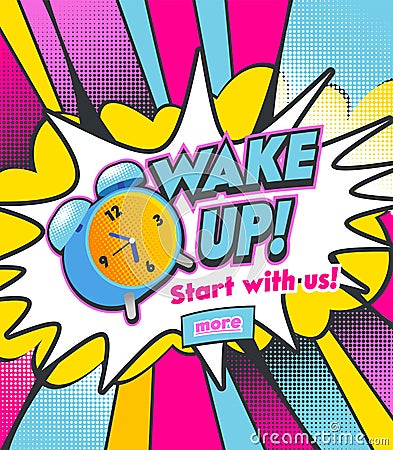 Alarm Clock Ringing on Colorful Half Tone Dotted Background. Vintage Colorful Watch Running and Bell to Wake Up at Morning Vector Illustration