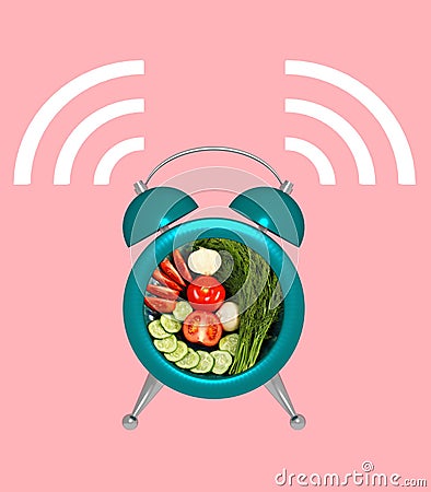 Alarm clock rings it is time for healthy nutrition and to be vegetarian 3D illustration Cartoon Illustration