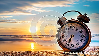 Alarm clock on the sandy beach Stock Photo