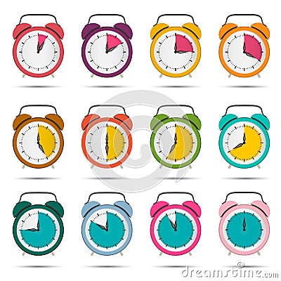 Alarm Clock Set with Five to Sixty Minutes Time Symbol Vector Illustration