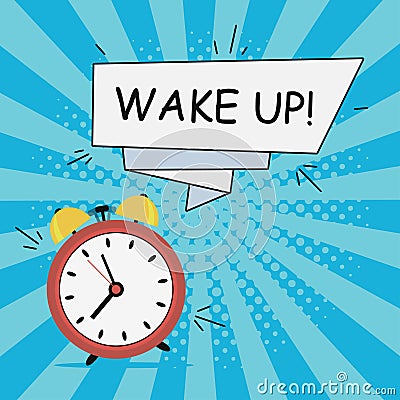 Alarm clock - Wake-Up. Comics illustration in pop art style at sunburst background with dot halftone effect and speech banner. Vector Illustration