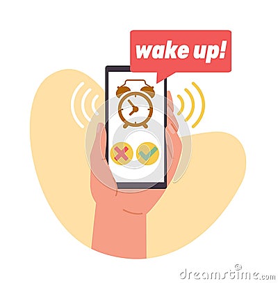 Alarm clock in your cell phone gives you wake up call. Hand hold smartphone with awakening timer with bell on device Vector Illustration
