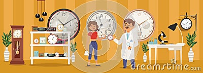 Alarm clocks, sale and repair alarm clock vector illustration. Flat device for measuring time, watchmaker character Vector Illustration