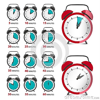 Alarm Clocks Set with Time Symbol. Vector Analog Counter. Vector Illustration