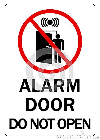 Alarm door, do not open. Ban sign with person entering in a room activating the security system Vector Illustration