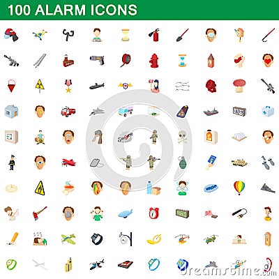 100 alarm icons set, cartoon style Vector Illustration