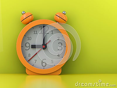 Alarm orange clock isolated on lime background. 3D Stock Photo
