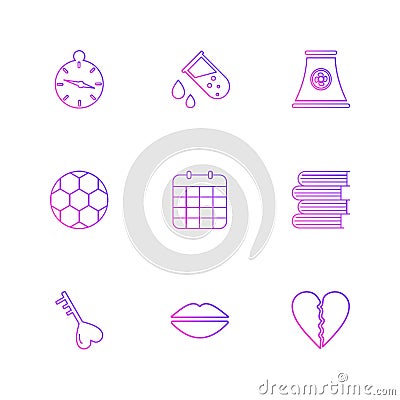 alarm , testtube , compass , beaker , industry , football , celender , books ,key , lips , heart break , eps icons set vector Vector Illustration