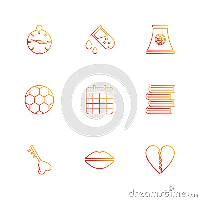 alarm , testtube , compass , beaker , industry , football , celender , books ,key , lips , heart break , eps icons set vector Vector Illustration