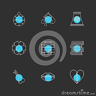 alarm , testtube , compass , beaker , industry , football , celender , books ,key , lips , heart break , eps icons set vector Vector Illustration