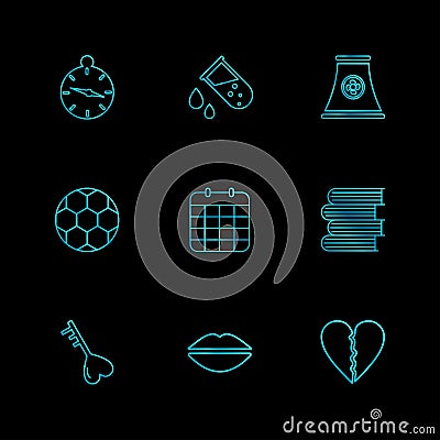 alarm , testtube , compass , beaker , industry , football , celender , books ,key , lips , heart break , eps icons set vector Vector Illustration