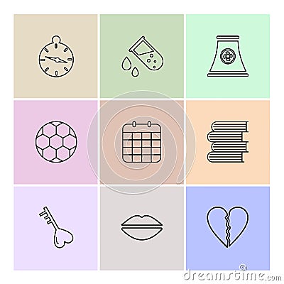 alarm , testtube , compass , beaker , industry , football , celender , books ,key , lips , heart break , eps icons set vector Vector Illustration