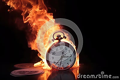 Alarming image of a burning clock on a white background Stock Photo