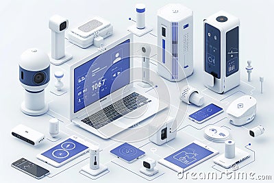 Alarms in video technology control home surveillance systems, integrating safeguarding features for secure perimeter monitoring. Cartoon Illustration