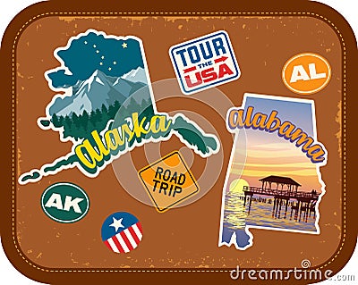 Alaska, Alabama travel stickers with scenic attractions Vector Illustration