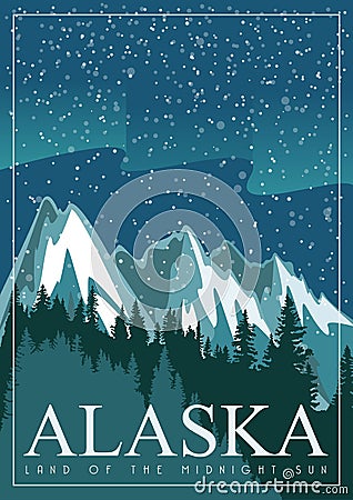 Alaska american travel banner. Snow landscape Vector Illustration