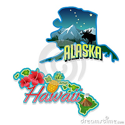 Alaska, Hawaii retro state facts illustrations Vector Illustration