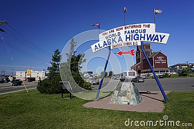 Alaska highway sign in Dawson Creek in Canada Editorial Stock Photo