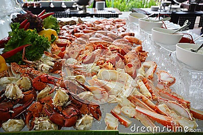 Alaska King Crab, Seafood buffet line in hotel. Stock Photo