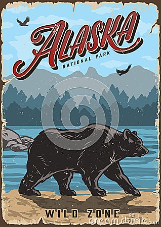Alaska national park colorful vintage poster Vector Illustration