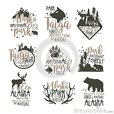 Alaska national park labels set. Forest protection hand drawn vector Illustrations Vector Illustration