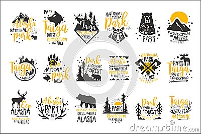 Alaska National Park Promo Signs Series Of Colorful Vector Design Templates With Wilderness Elements Silhouettes Vector Illustration