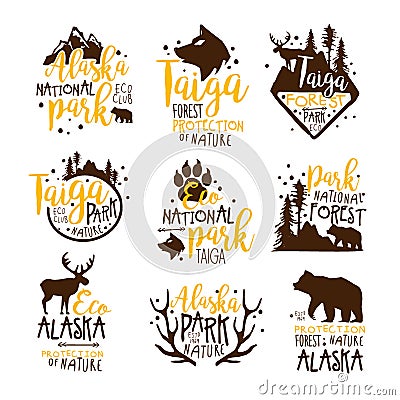 Alaska National Park Promo Signs Series Of Colorful Vector Design Templates With Wilderness Elements Silhouettes Vector Illustration