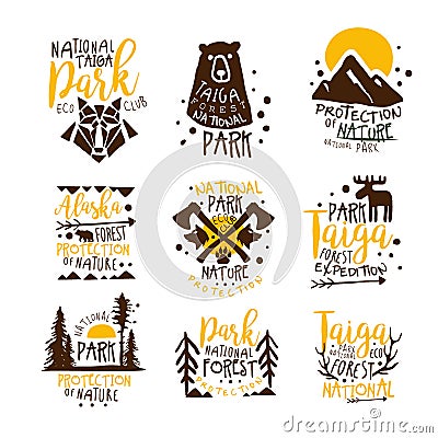 Alaska National Park Promo Signs Series Of Colorful Vector Design Templates With Wilderness Elements Silhouettes Vector Illustration