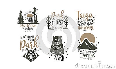 Alaska National Park Promo Signs Series With Wilderness Elements Silhouettess Vector Illustration